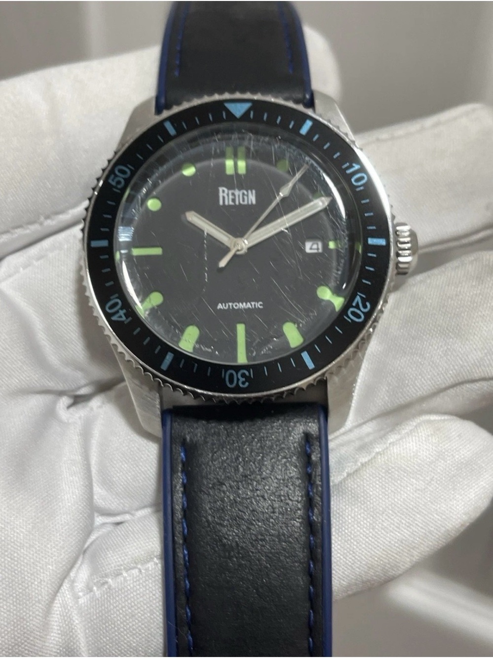 Reign Elijah Automatic Men's Diver Watch 42mm Black/Blue Leather Rubber